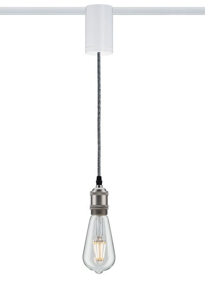 Hangende vintage gloeilamp met metalen fitting en grijze stoffen kabel voor decoratieve verlichting