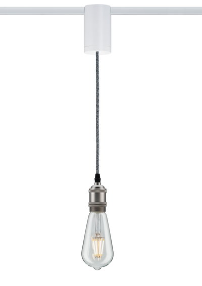 Hängende Vintage-Glühbirne mit Metallfassung und grauem Textilkabel für dekorative Beleuchtung