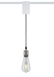 Pendant lamp with white track system, grey fabric cable and clear bulb for modern lighting solutions