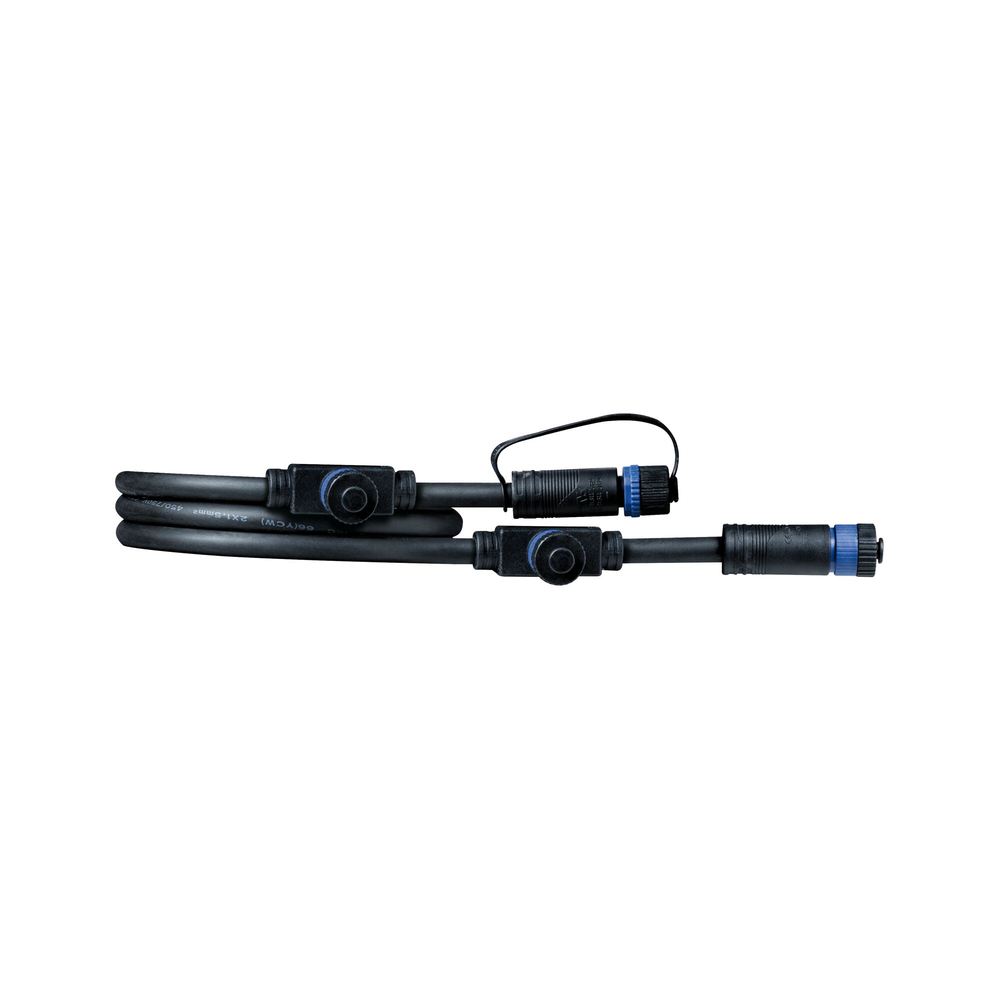 Black connection cable with blue connectors and protective caps for LED lighting systems