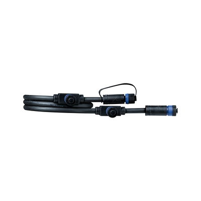 Black connection cable with blue connectors and protective caps for LED lighting systems