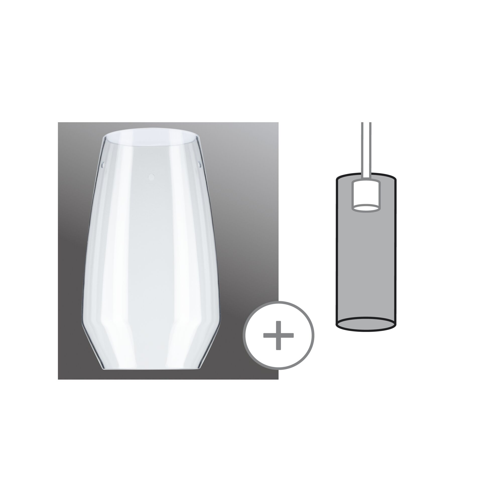 URail Stínidlo 2Easy Vento 170mm Čirá Transparenter Glaslampenschirm mit zylindrischer Form und Montagezeichnung für Pendelleuchte