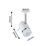 White metal LED spotlight with chrome ring, 150 mm height, 100 mm length, 65 mm diameter, modern track lighting