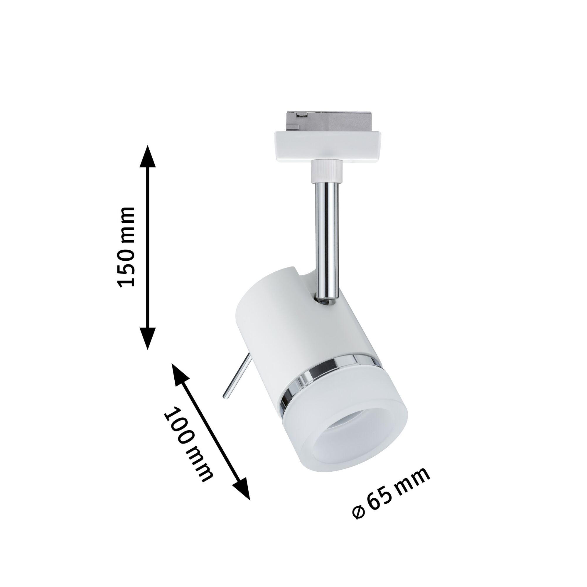 Witte metalen LED-spot met chromen ring, 150 mm hoog, 100 mm lang, 65 mm diameter, moderne verlichting