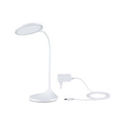 White LED desk lamp with flexible neck and power adapter, modern design for office lighting