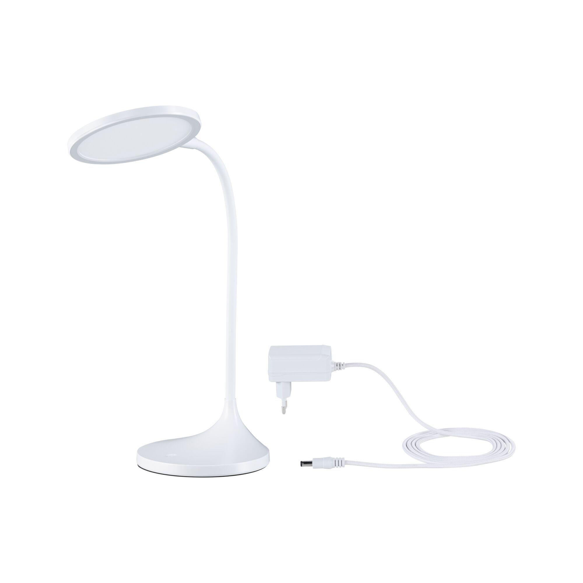 White LED desk lamp with flexible neck and power adapter, modern design for office lighting