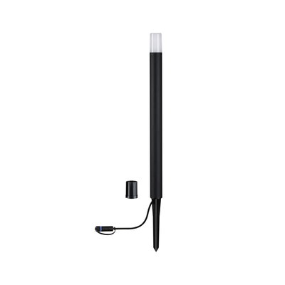 Sort LED-havelampe med jordspyd og hvid plastdiffuser til udendørsbelysning.