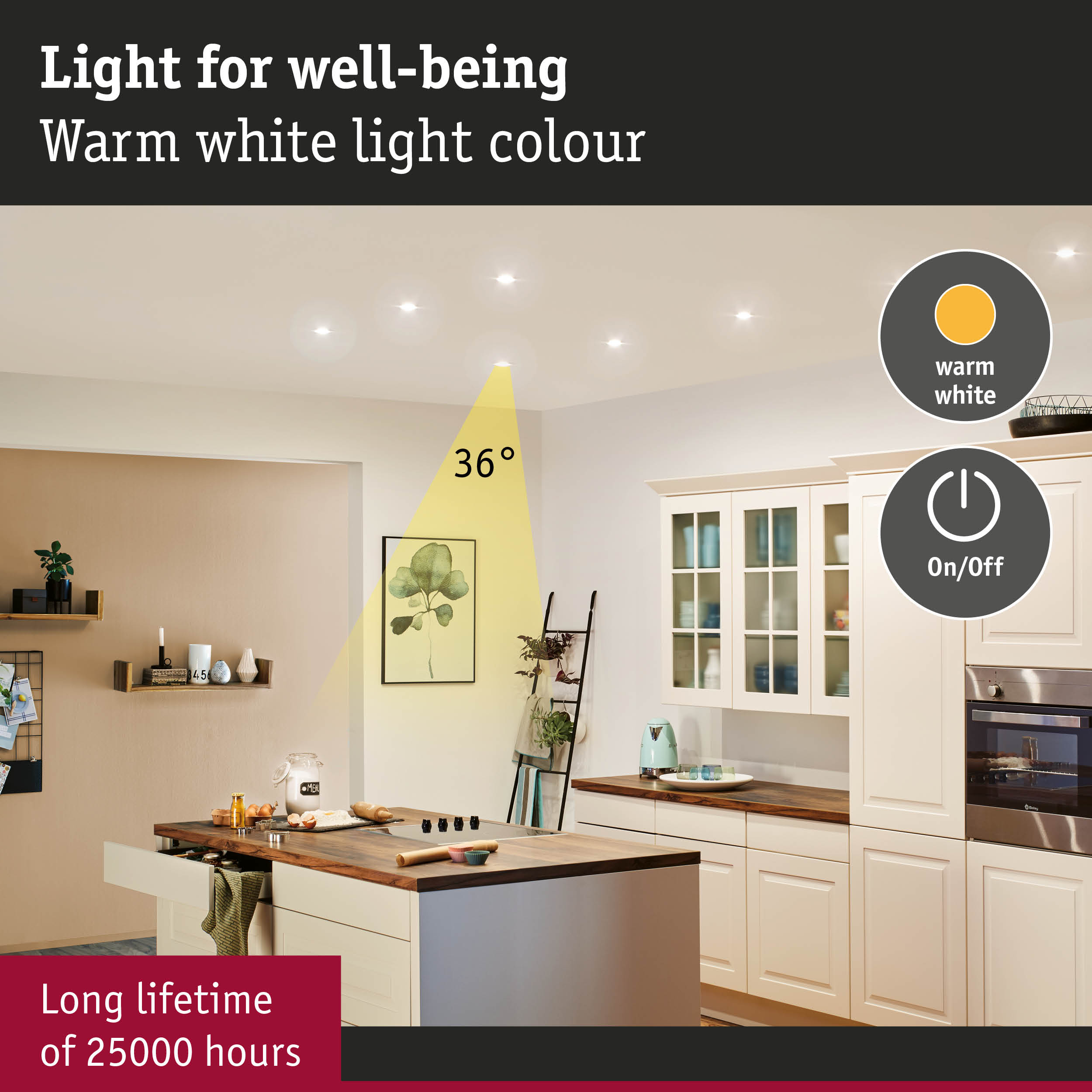 Modern kitchen illuminated by warm white LED ceiling lights promoting well-being and durability