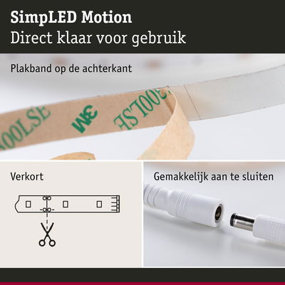 Witte LED-strip met plakband aan achterkant, kniplijn en eenvoudig aan te sluiten stekker voor LED-verlichting