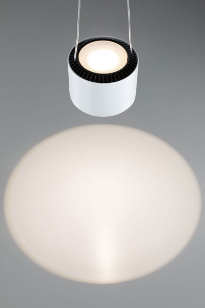 Modern white metal LED pendant light with warm white illumination for living and office spaces