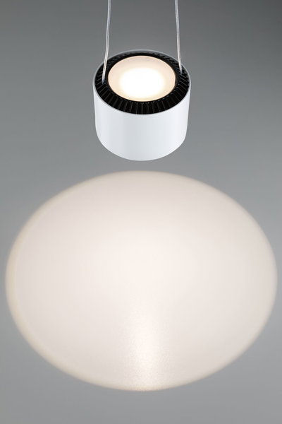 Modern white metal LED pendant light with warm white illumination for living and office spaces