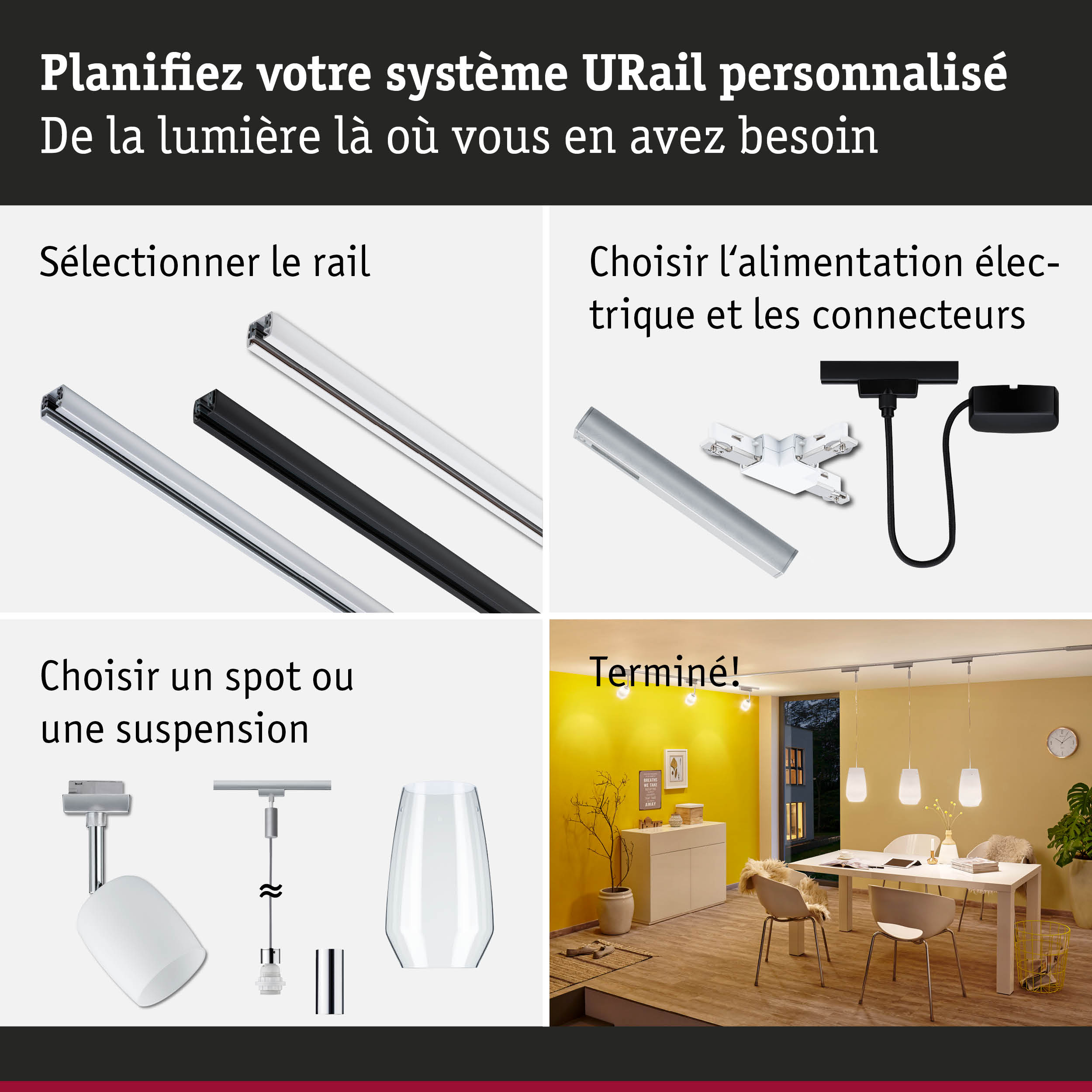 Système de rail URail modulaire noir et blanc avec alimentation électrique et spots pour éclairage flexible