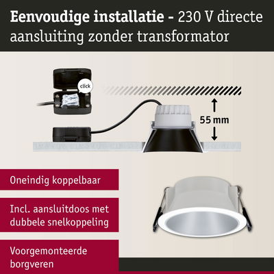 Witte LED inbouwspot met 55 mm inbouwdiepte en 230 V directe aansluiting zonder transformator
