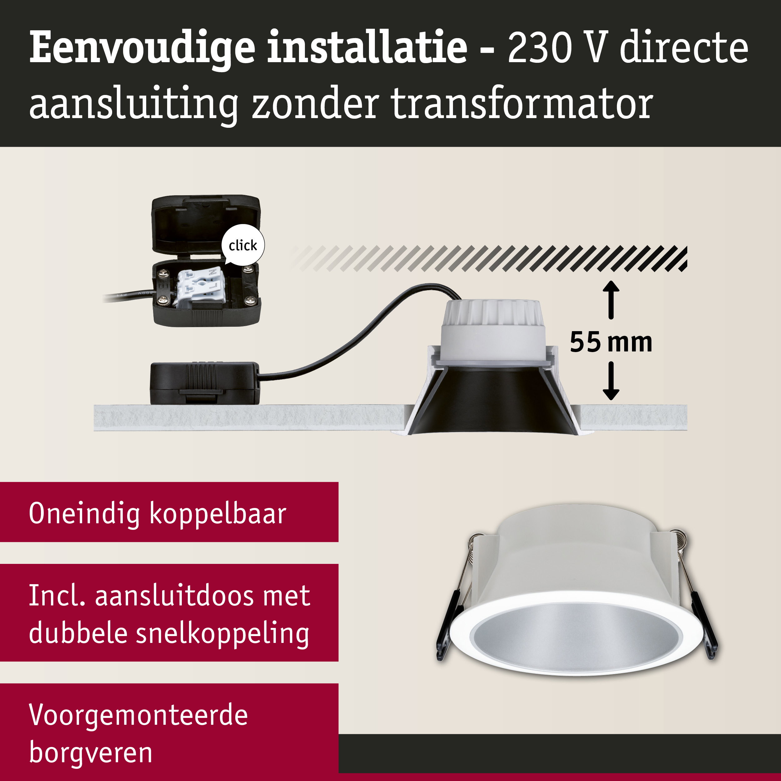 Witte inbouwspot met eenvoudige 230V directe aansluitdoos zonder transformator voor LED-verlichting