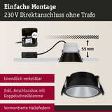 Schwarzer LED-Einbaustrahler mit 55 mm Einbautiefe und Anschlussbox für einfache 230V Direktmontage.