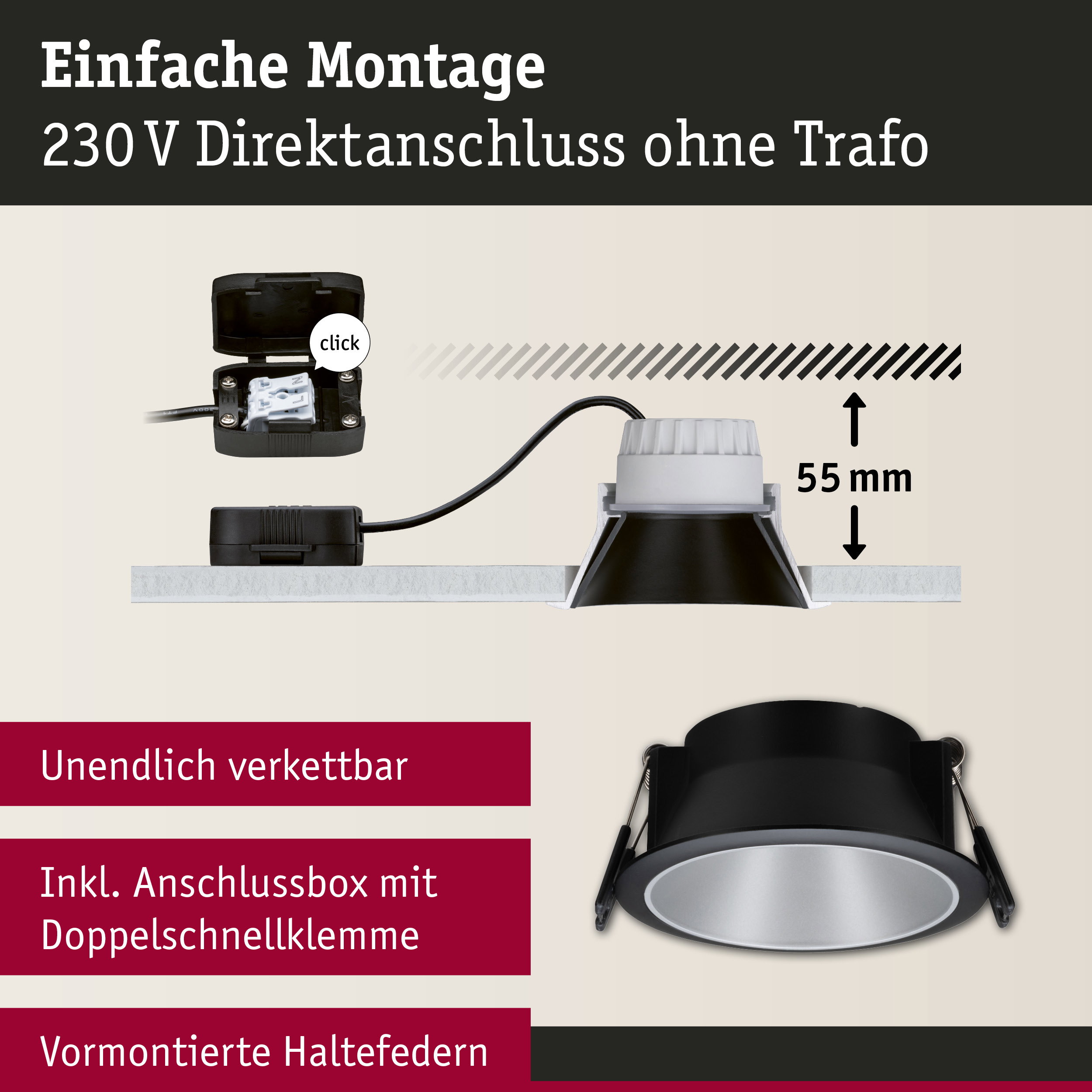 Schwarzer Einbaustrahler mit silberner Front und Anschlussbox für 230V Direktanschluss ohne Trafo