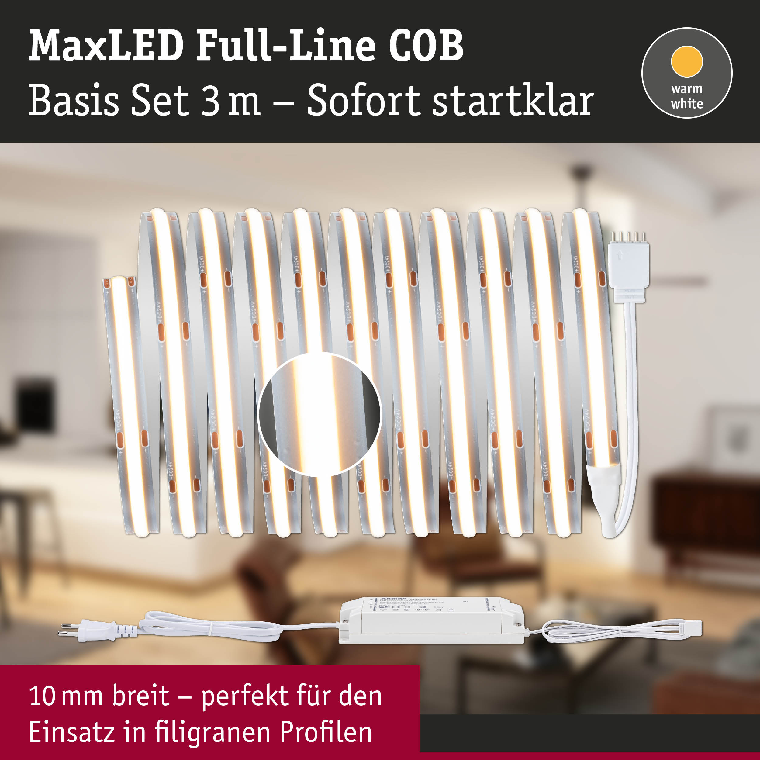 MaxLED Full-Line COB LED-Lichtband 3 m warmweiß mit Netzteil für filigrane Profile