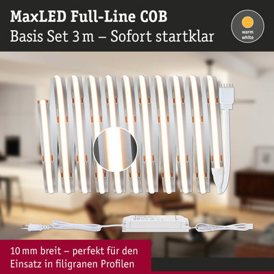 MaxLED Full-Line COB LED-Lichtband 3 m warmweiß mit Netzteil für filigrane Profile