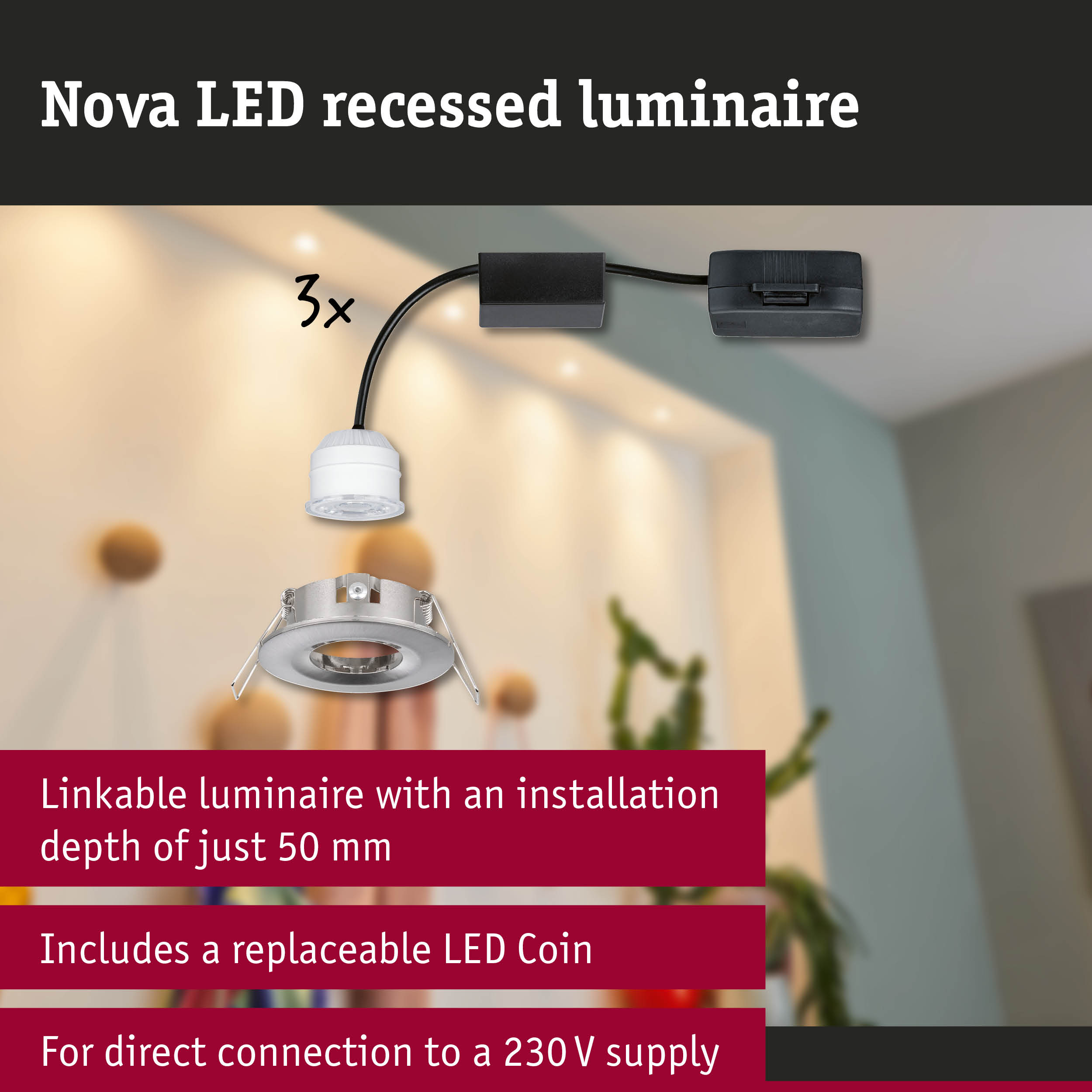 Nova LED recessed luminaire in silver metal with white LED module, energy-saving ceiling light