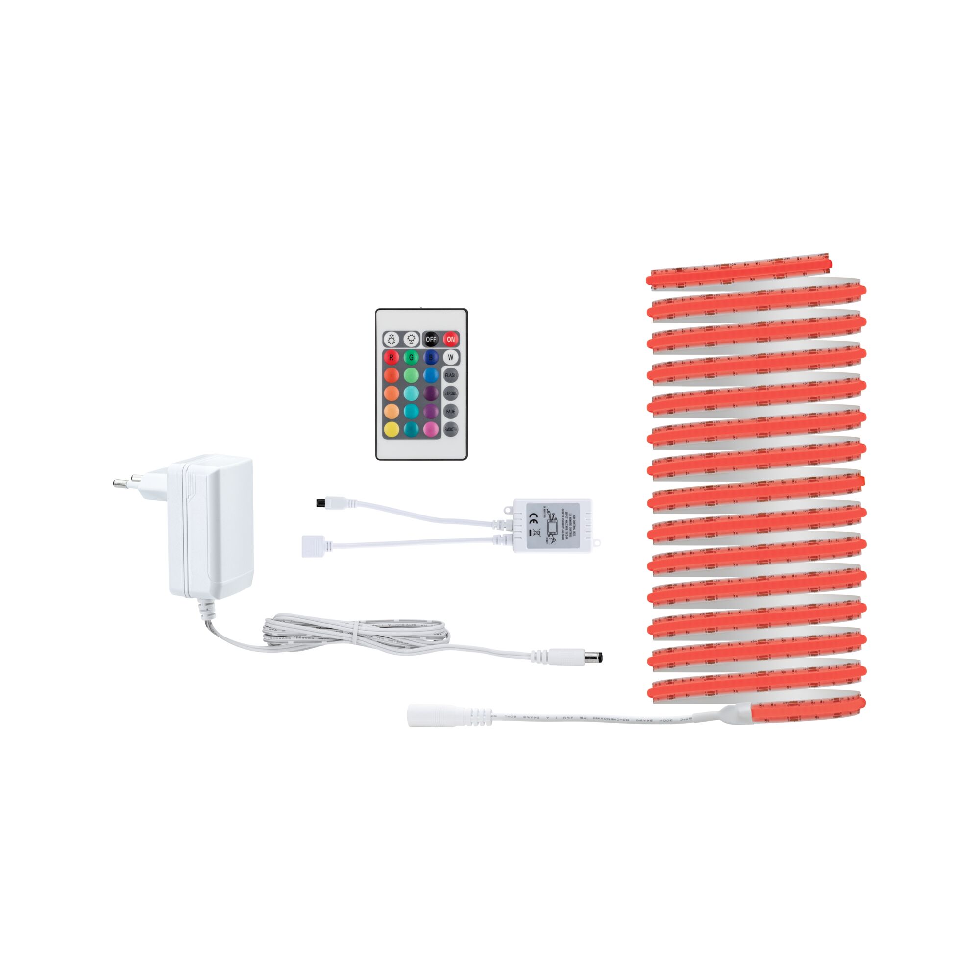 SimpLED Strip LED Full-Line COB Kit complet 5m 14,5W 140lm/m 840 LEDs/m RGB 24VA Bande LED rouge flexible avec télécommande et adaptateur secteur pour éclairage intérieur