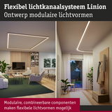 Flexibel Linion lichtkanaalsysteem met modulaire LED-plafondverlichting in moderne woonruimtes met hout en planten.