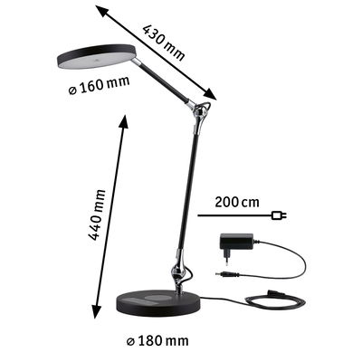 Sort LED-skrivebordslampe med justerbar arm og 200 cm kabel til kontorbelysning