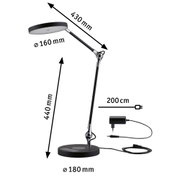 Lampe de bureau LED noire avec bras réglable et tête ronde, alimentation incluse
