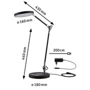 Black LED desk lamp with adjustable arm and round light head, includes power adapter