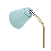 Moderne Leselampe mit hellblauem Metall-Schirm und gebogenem goldfarbenem Arm für Wohnräume