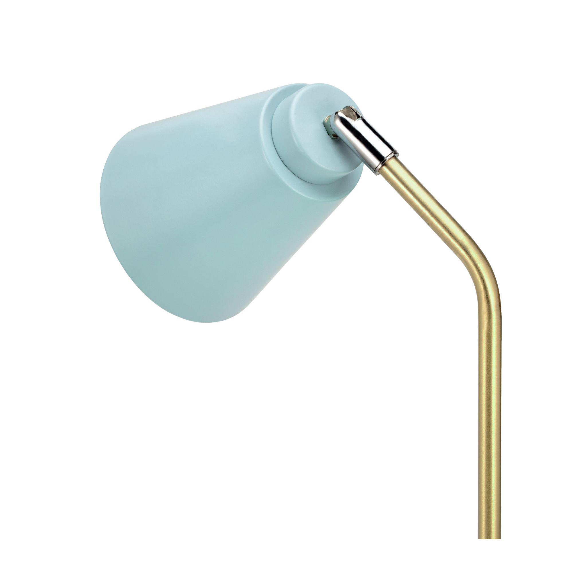 Moderne Leselampe mit hellblauem Metall-Schirm und gebogenem goldfarbenem Arm für Wohnräume