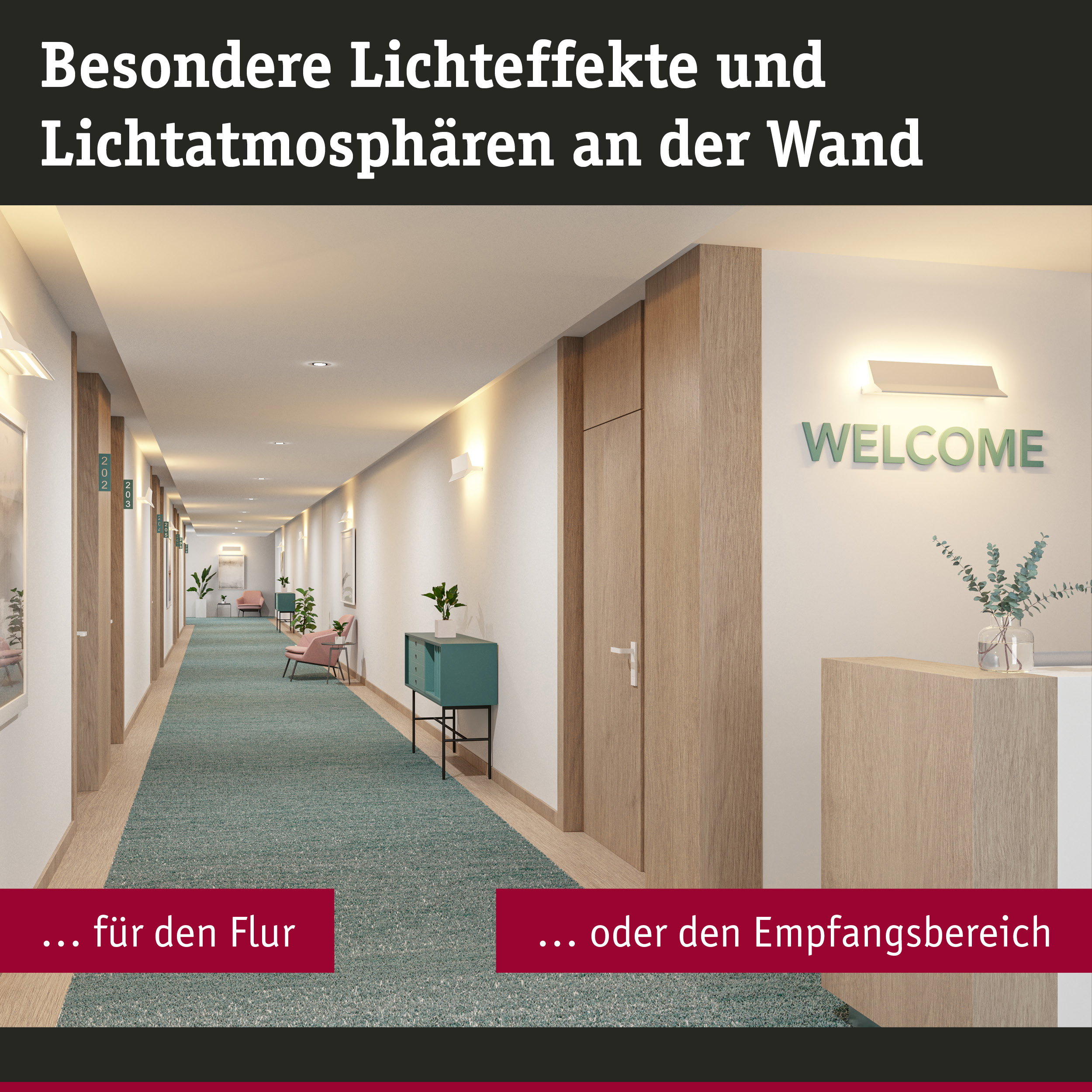 Moderner Flur mit warmweißen Wandleuchten und grünem Teppich für einladende Lichtatmosphäre