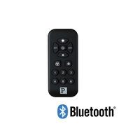 Black Bluetooth remote control with buttons for light and brightness adjustment