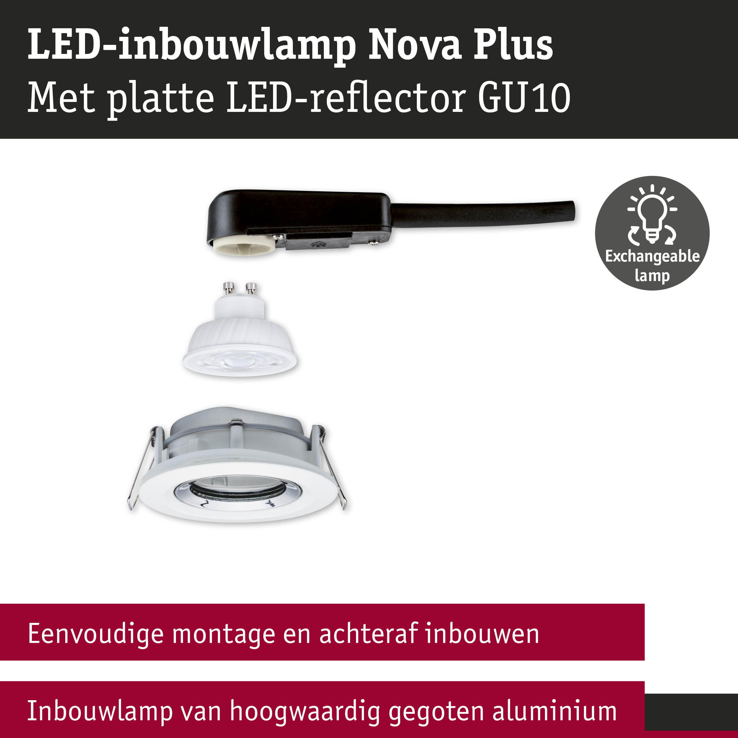 LED-inbouwlamp Nova Plus van hoogwaardig gegoten aluminium met platte GU10 LED-reflector en verwisselbare lamp