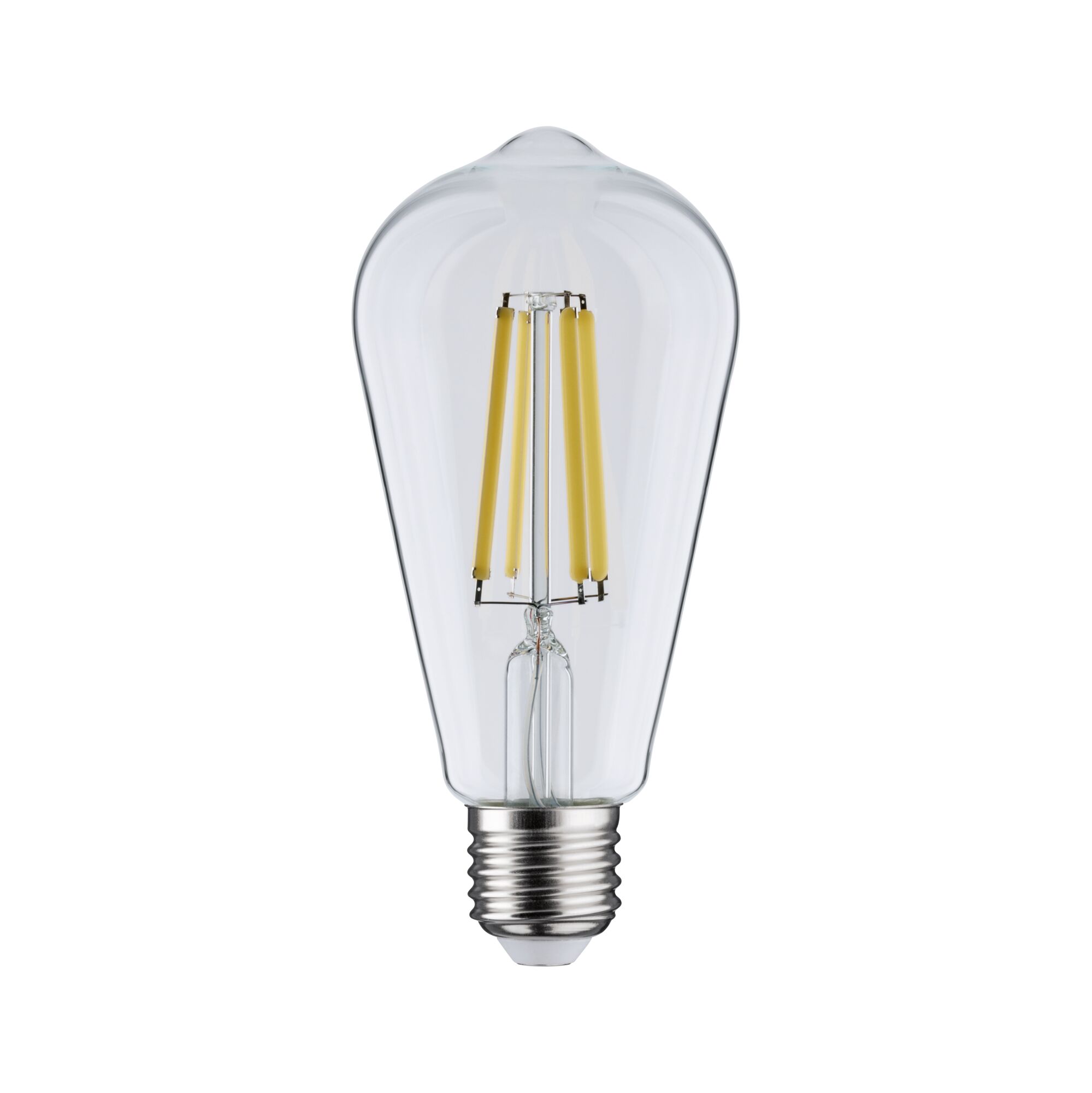Clear LED filament bulb in drop shape with E27 base for energy-efficient lighting solutions