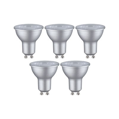 Fünf silberne GU10 LED-Lampen mit mattem Gehäuse für energiesparende Beleuchtung.