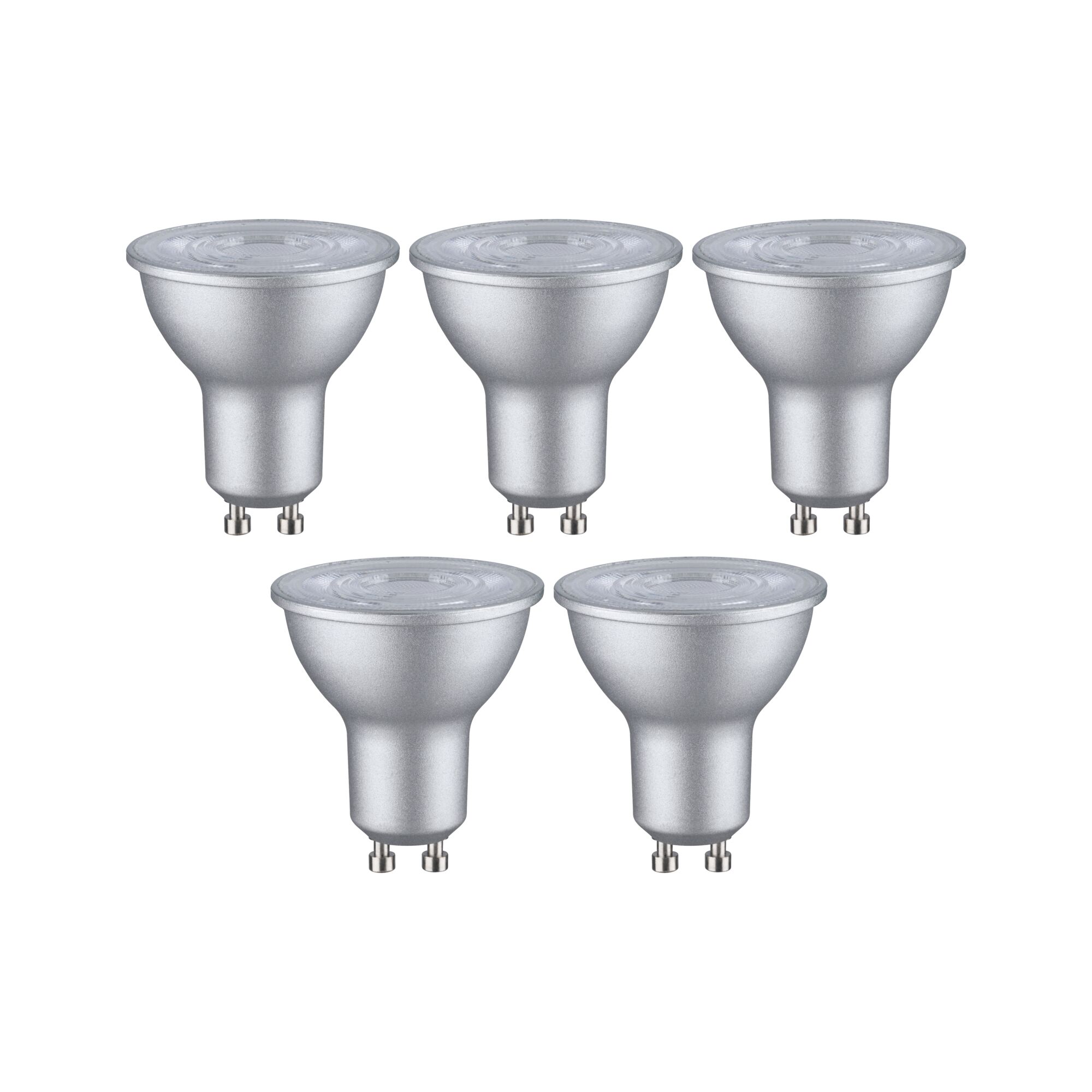 Fünf silberne GU10 LED-Lampen mit mattem Gehäuse für energiesparende Beleuchtung.