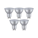 Fünf silberne GU10 LED-Lampen mit mattem Gehäuse für energiesparende Beleuchtung.
