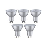 Five silver GU10 LED bulbs with matte finish for energy-efficient lighting solutions.