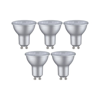 Five silver GU10 LED bulbs with matte finish for energy-efficient lighting solutions.