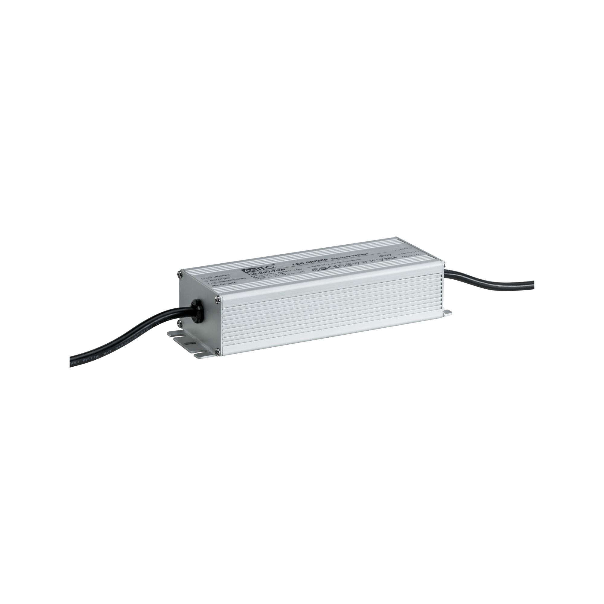 Rechthoekige zilverkleurige aluminium LED-driver met zwarte kabel voor LED-verlichting