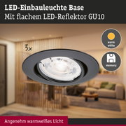 Schwarze LED-Einbauleuchte Base mit flachem GU10 Reflektor und warmweißem Licht für Wohnräume