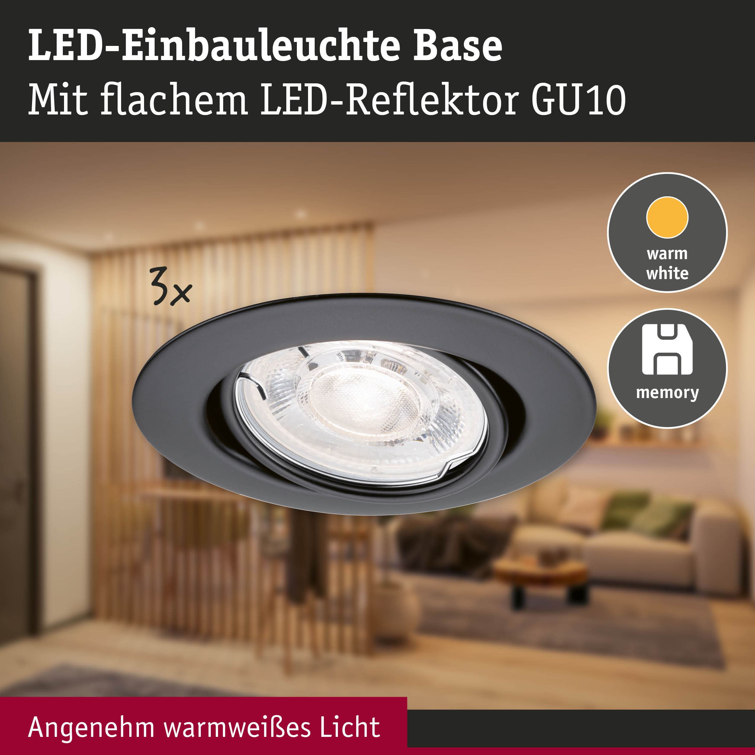 Schwarze LED-Einbauleuchte Base mit flachem GU10 Reflektor und warmweißem Licht für Wohnräume