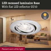Brushed aluminium LED recessed light with warm white glow and flat GU10 LED reflector