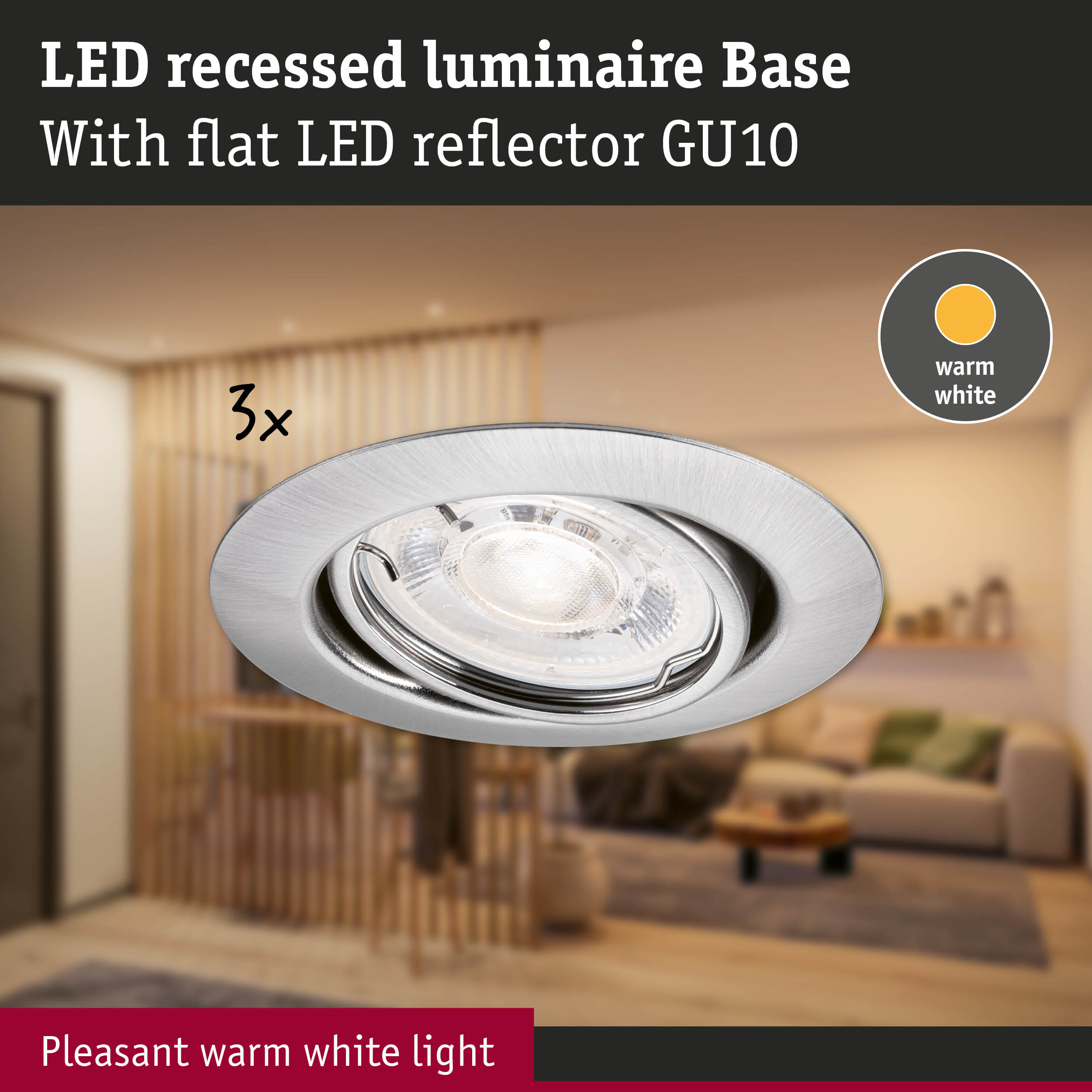 Brushed aluminium LED recessed light with warm white glow and flat GU10 LED reflector