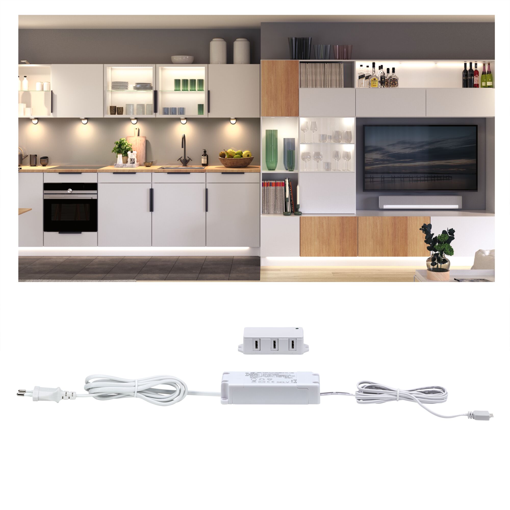 Clever Connect Transfo 230/12V 12VA Blanc Unité de commande LED blanche avec câble et port USB devant une cuisine moderne avec éclairage d'ambiance