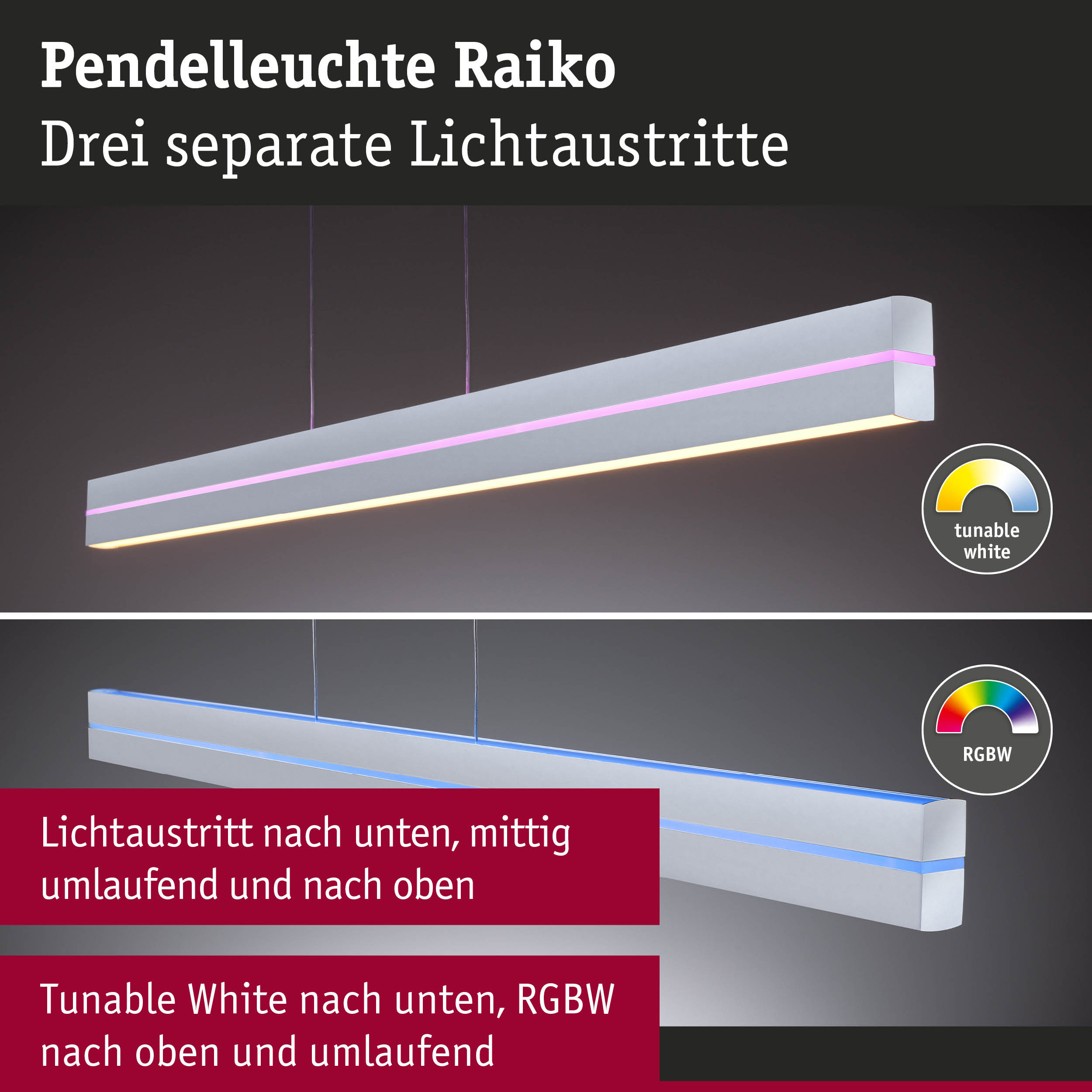 Pendelleuchte Raiko in Weiß mit drei Lichtaustritten und RGBW LED-Beleuchtung für Wohnräume