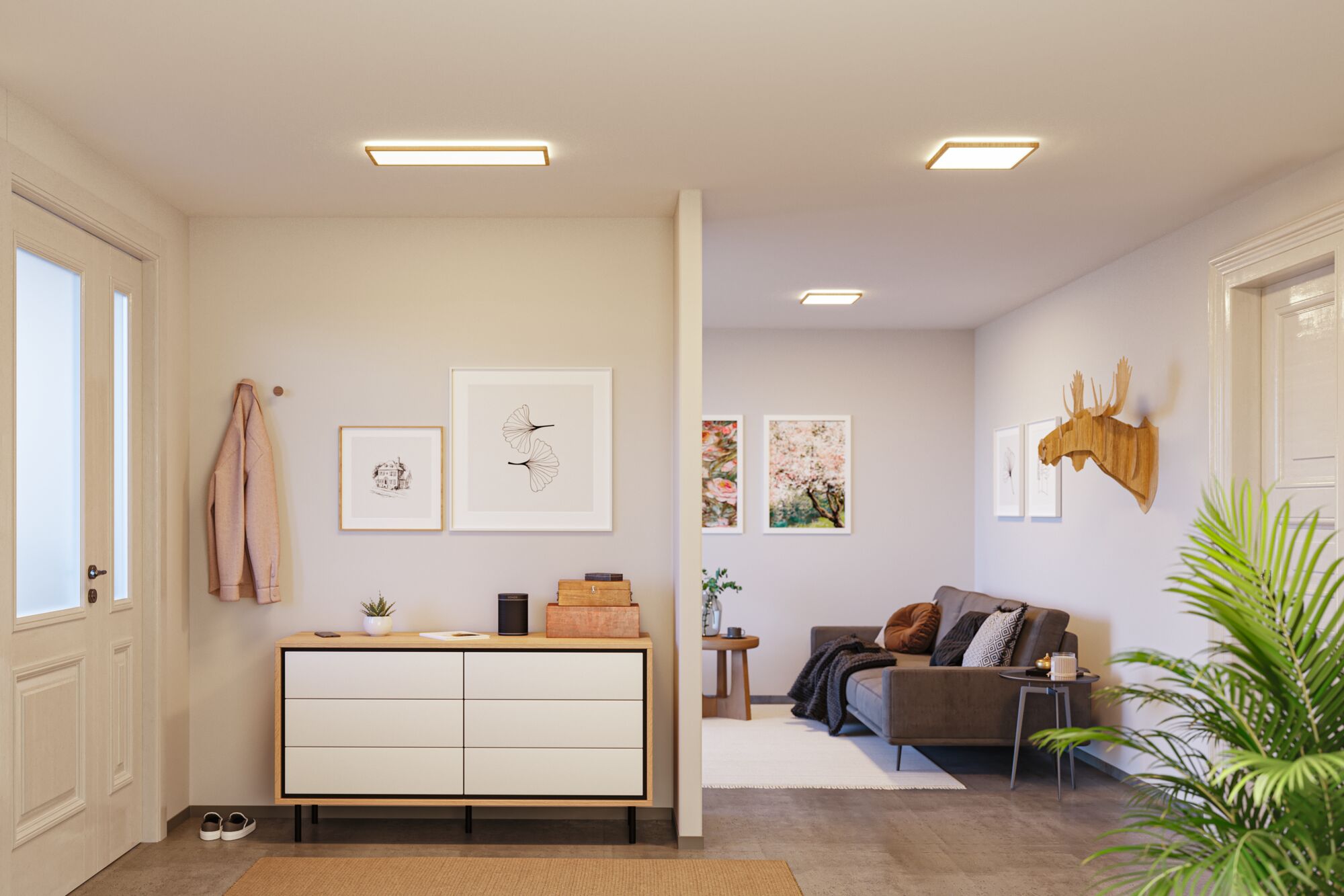 Moderne woonkamer met vierkante plafondlampen die warm wit licht uitstralen in Scandinavische stijl