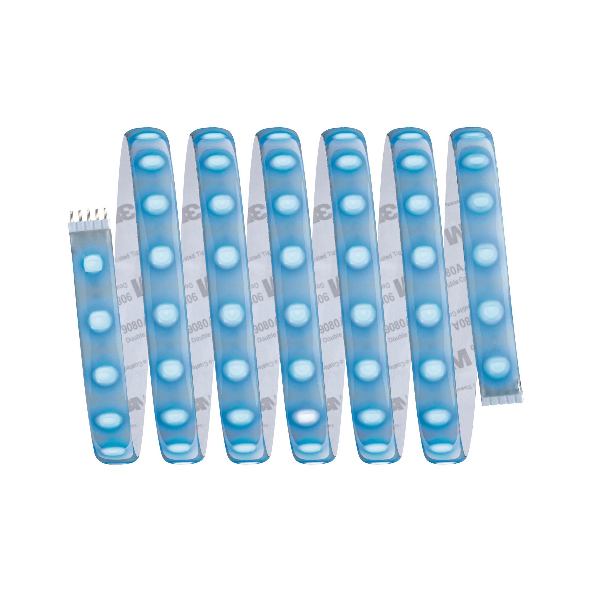 Flexibler LED-Lichtstreifen mit blauen LEDs und 4-Pin-Anschluss für dekorative Beleuchtung.