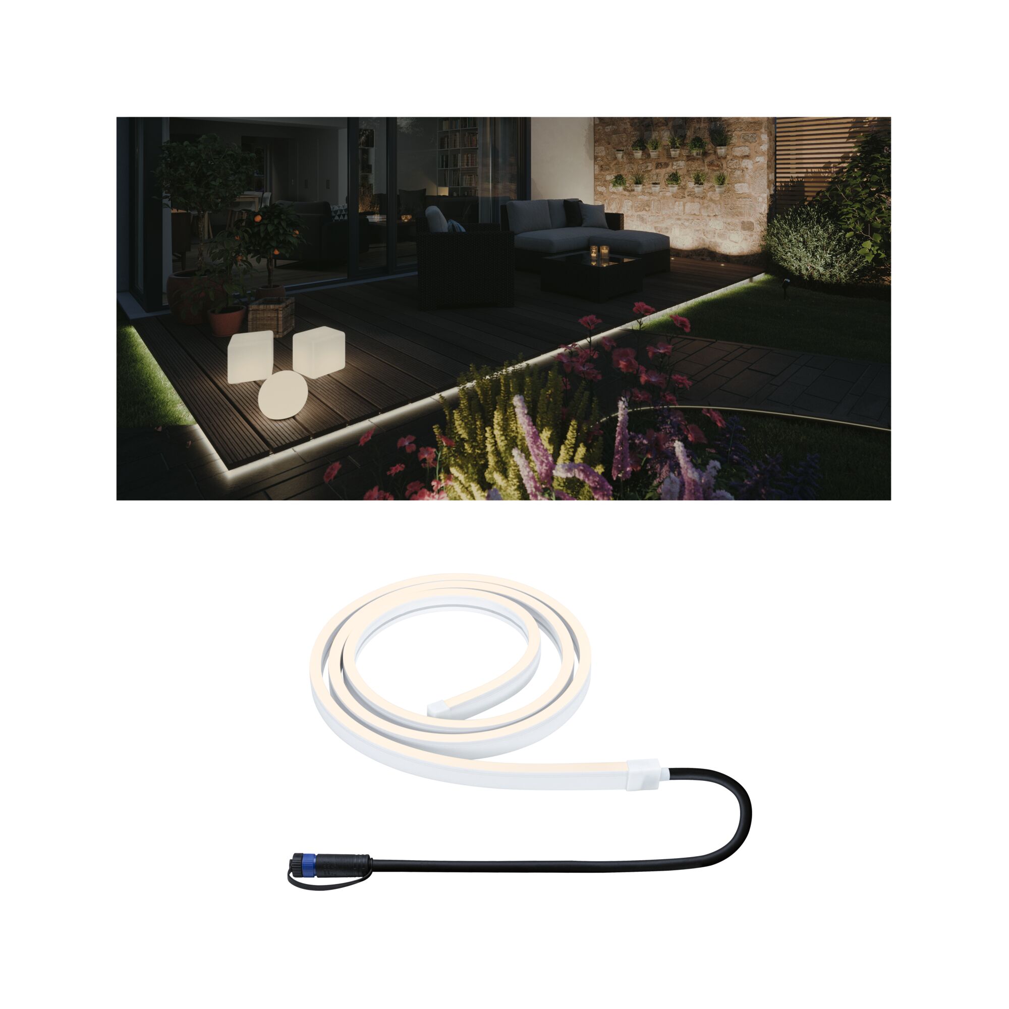 Plug & Shine LED Stripe Smooth Einzelstrip IP68 3000K 12W Weiß Flexibles LED-Lichtband in Weiß mit schwarzem Kabel für stimmungsvolle Garten- und Terrassenbeleuchtung