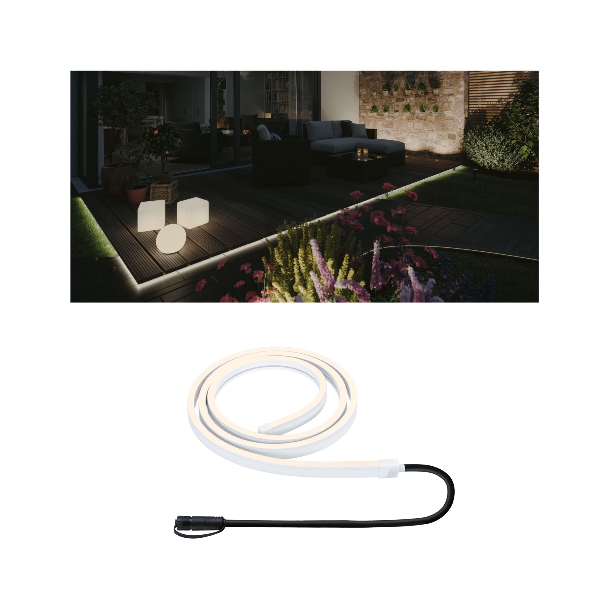Plug & Shine LED Strip Smooth Afzonderlijke strip IP68 3000K 12W Wit Witte LED-lichtstrip met zwarte kabel voor flexibele binnen- en buitenverlichting